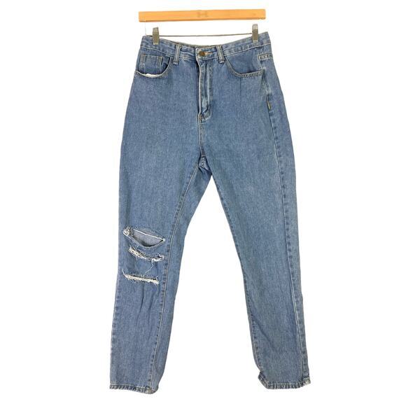 Women's High Waisted Distressed Straight Leg Jeans Blue Size M - Picture 1 of 12